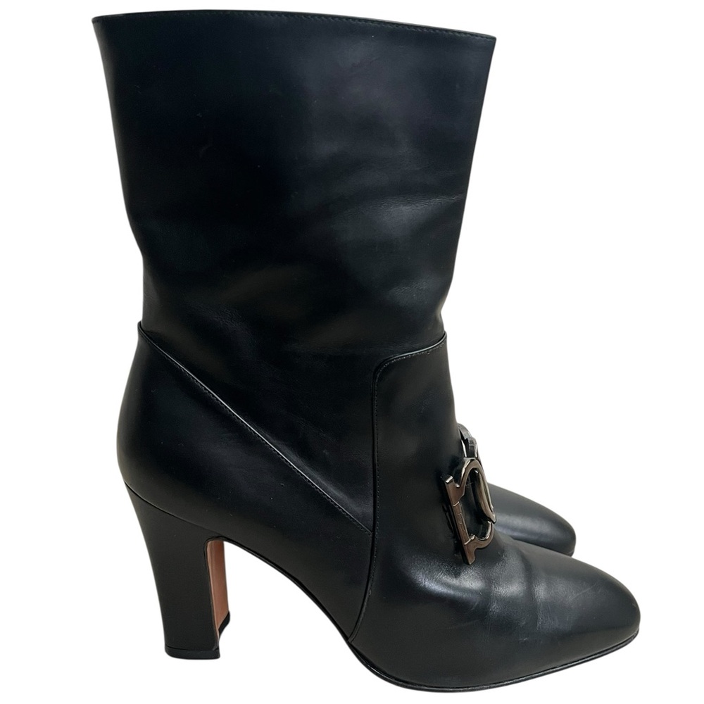 Salvatore Ferragamo Gancini Leather Mid-Calf Boots Black Size 6C | Designer - Picture 2 of 11